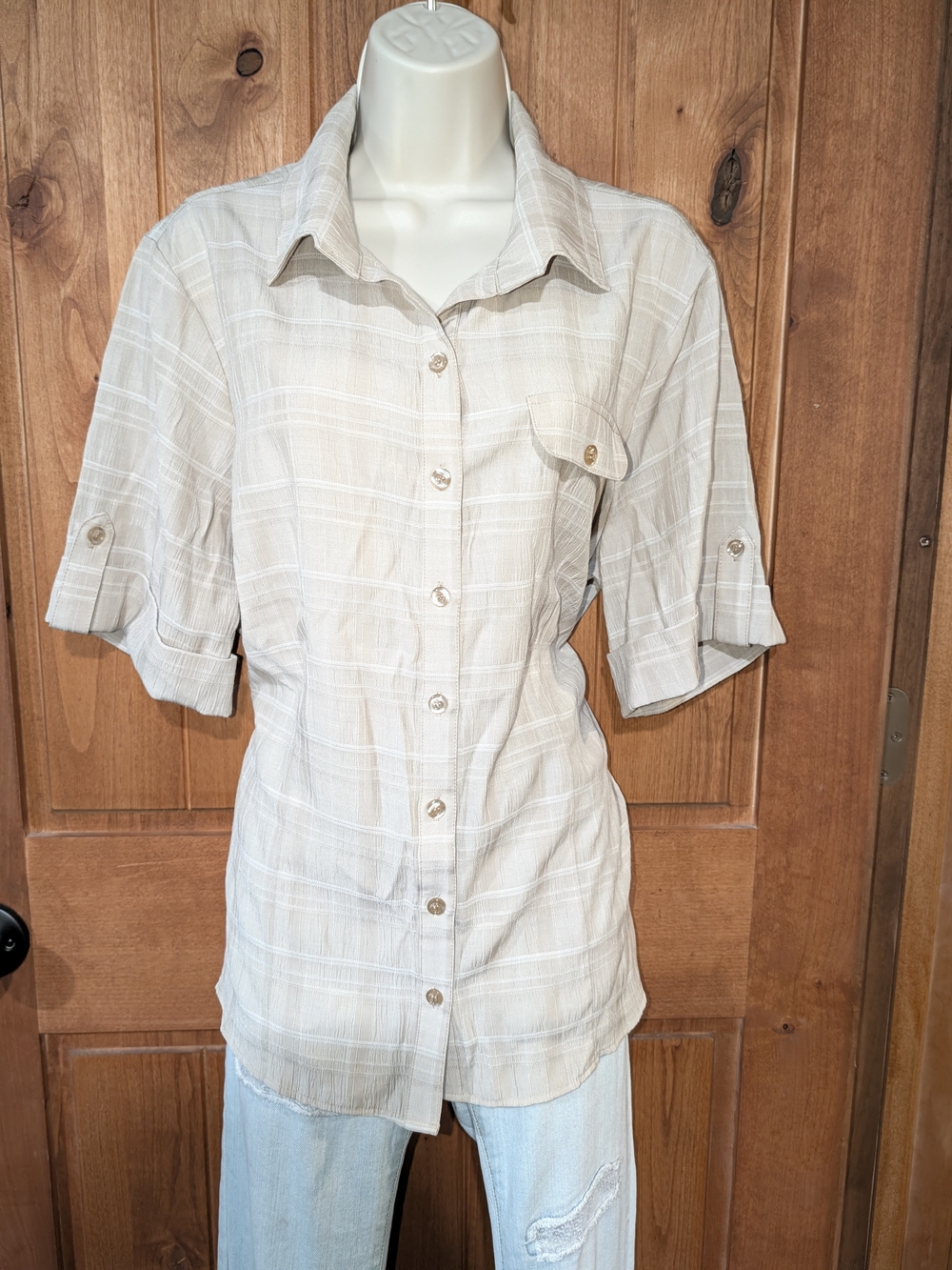 CJ Banks Beige Plaid Button-Down Shirt